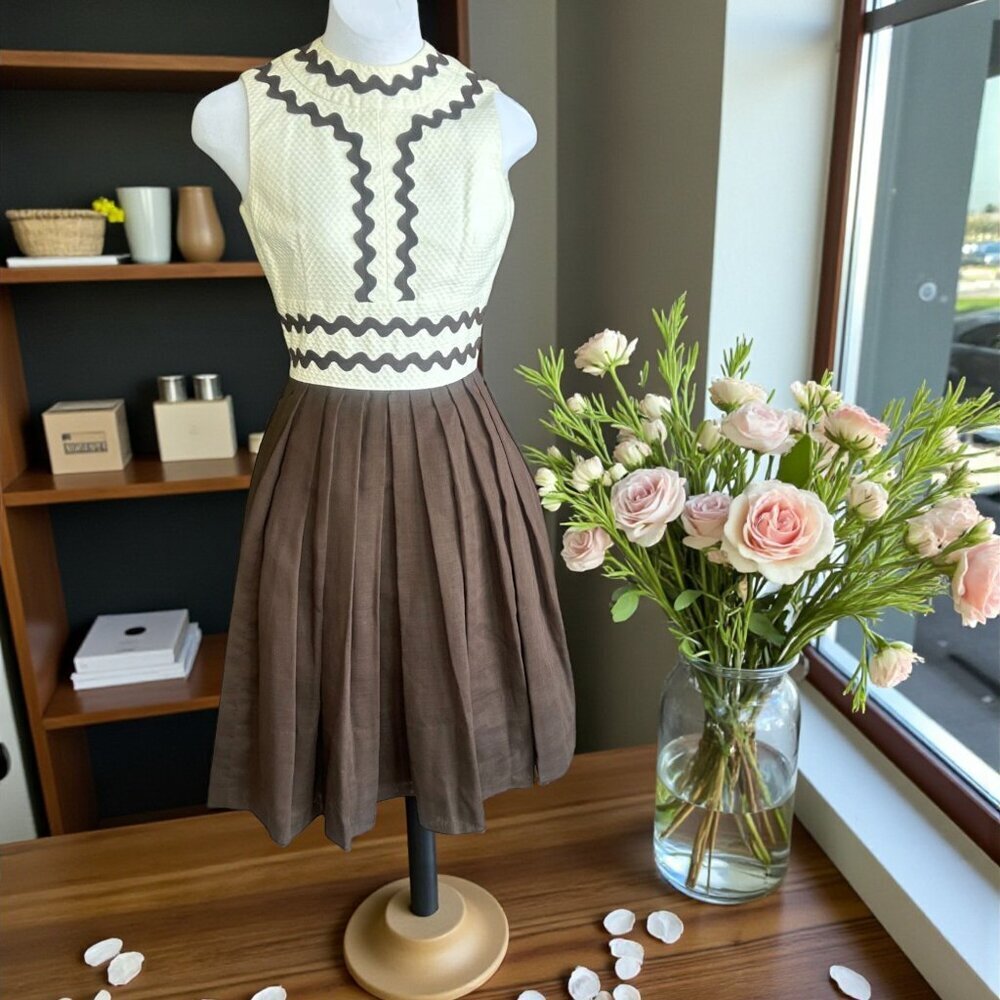 Vintage Brown and Cream Zigzag Accents Fit and Flare Cut Out Back Dress